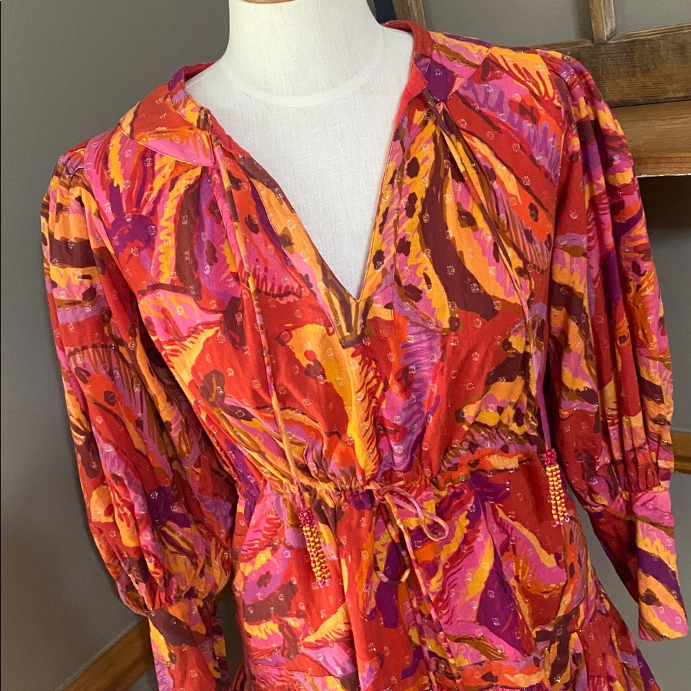 FARM Rio Banana Juice red, orange & brown long sleeve Cotton Minidress size S - Picture 6 of 12